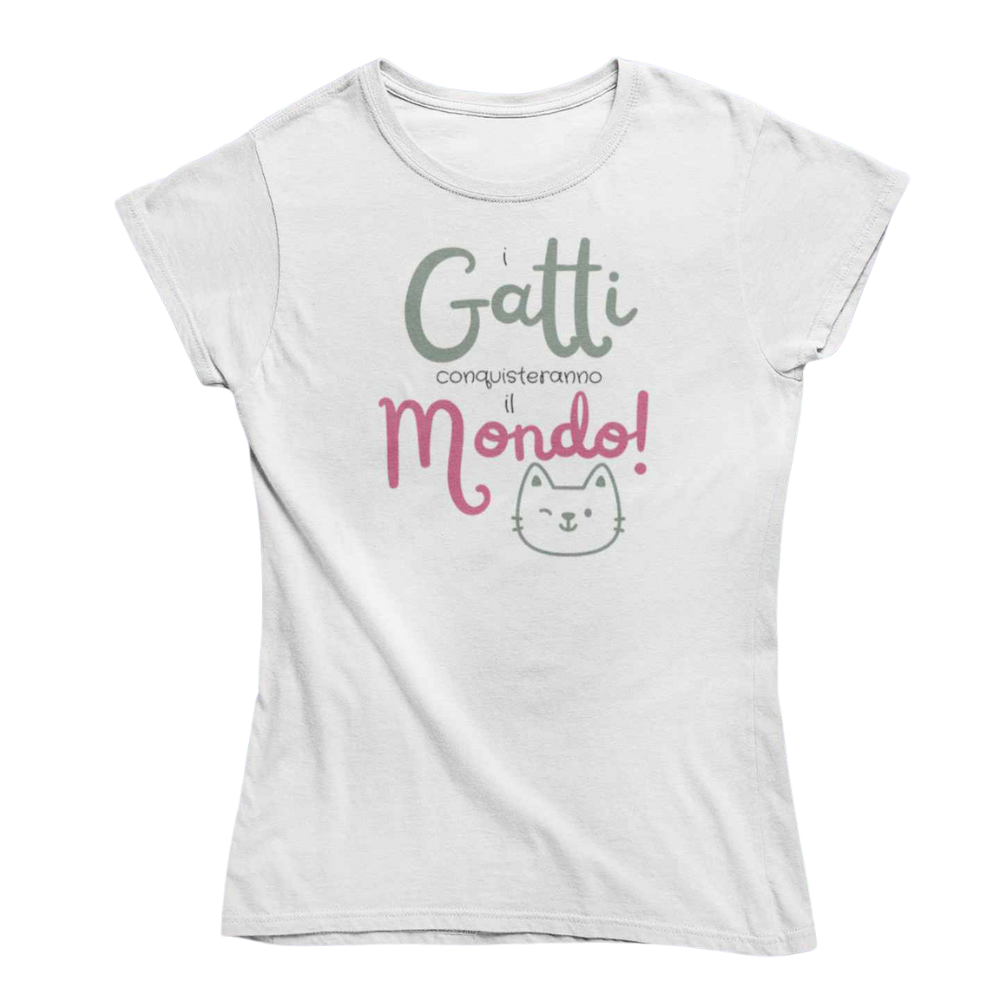 T-Shirt Donna Divertente Con Stampa Gatti Conquisteranno Il Mondo