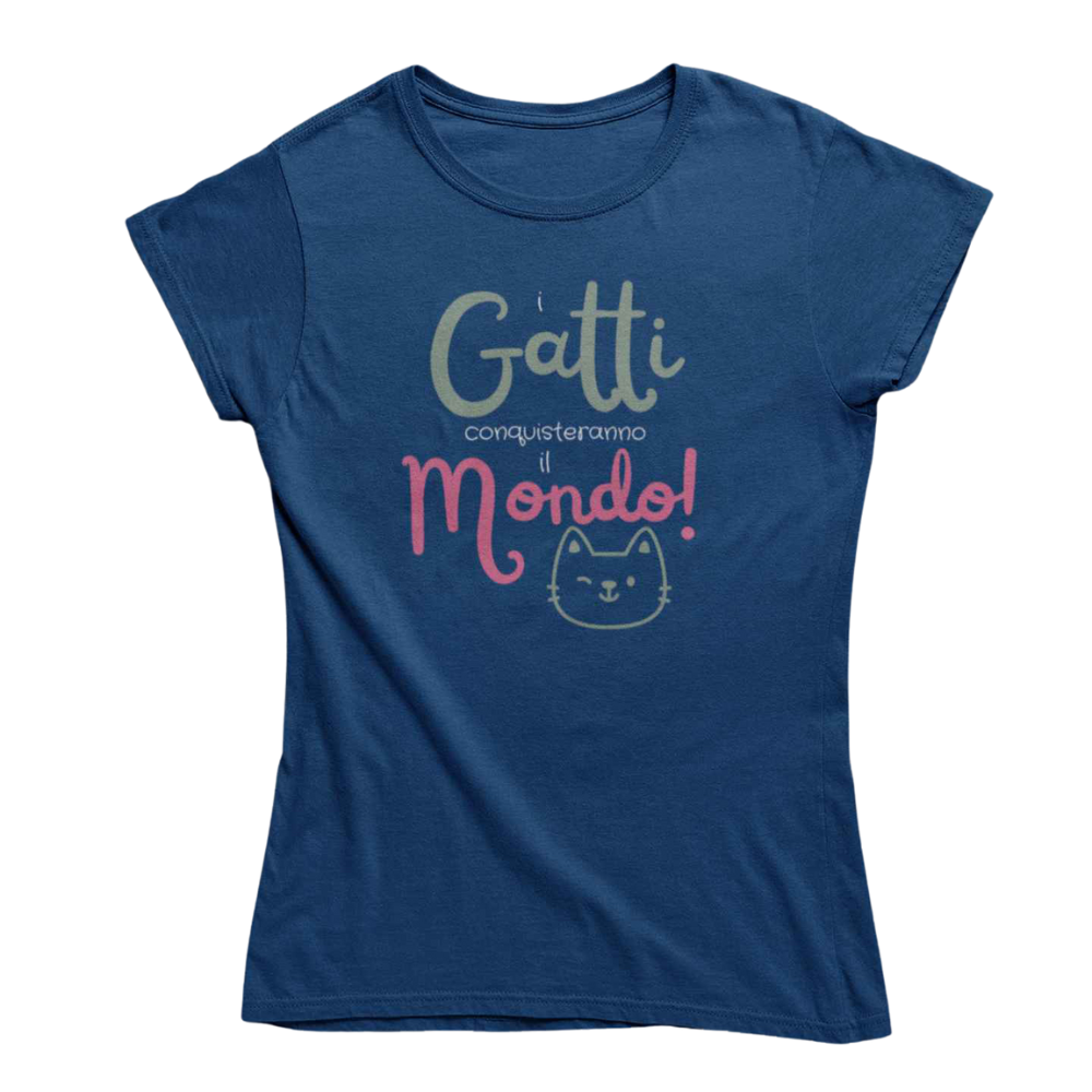 T-Shirt Donna Divertente Con Stampa Gatti Conquisteranno Il Mondo